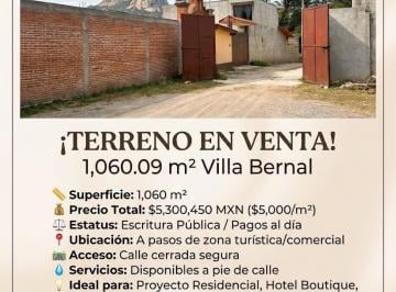 Terreno / Lote · 1060m² · Terreno en Venta 1,060.09 m² Villa Bernal, Ezequiel Montes Querétaro (Peña de Bernal)