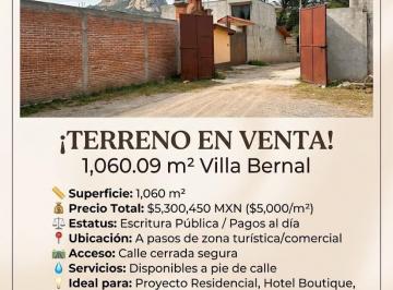 Terreno / Lote · 1060m² · Terreno en Venta 1,060.09 m² Villa Bernal, Ezequiel Montes Querétaro (Peña de Bernal)