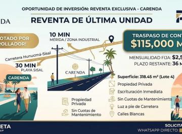 Terreno / Lote , Hunucmá · Oportunidad de Inversión: Traspaso Lote 318 m² Carenda (Mérida - Sisal)