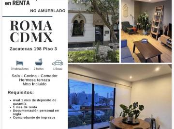 Departamento · 171m² · 3 Recámaras · 1 Estacionamiento · Departamento en Renta en Roma Norte de 3 Recámaras