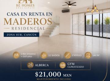 Casa de 3 habitaciones, Cancún · Casa en Renta en Maderos Residencial | 3 Recámaras + Estudio | Alberca y Gimnasio | $21,000