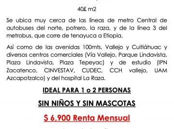 Departamento de 1 habitación, Gustavo A. Madero · Rento Departamento Muy Centrico!