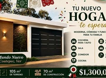Casa · 70m² · 2 Recámaras · 1 Estacionamiento · Casa en Venta de 1 Nivel en Coatepec Veracruz, Zona Mundo Nuevo