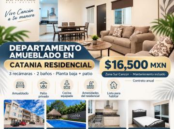 Departamento de 3 habitaciones, Cancún · Renta Depa Amueblado de 3 Recámaras en Planta Baja con Patio |residencial Catania | Cancún