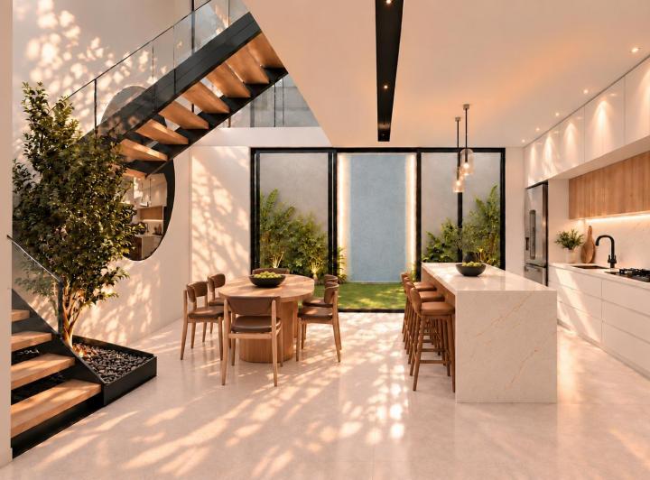 Área social de doble altura hacia el jardín | Render ilustrativo · Maple en Bosque Esmeralda | Casas con Roof Garden y 3 Recámaras