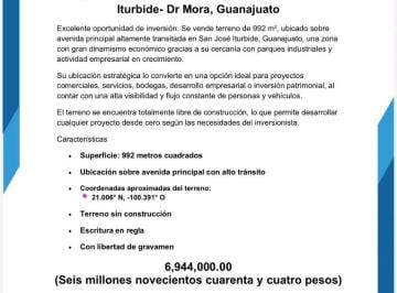 Terreno / Lote , San José Iturbide · Terreno de 992 m² en Venta en San José Iturbide
