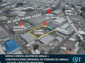 Bodega-Galpón · 800m² · Scc. Venta o Renta Galpón en Terreno de 4000 m². Industrial Alto Impacto I3. Carcelén Industrial